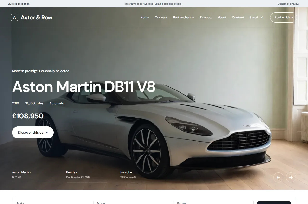 Aster and Row fictional dealer website example